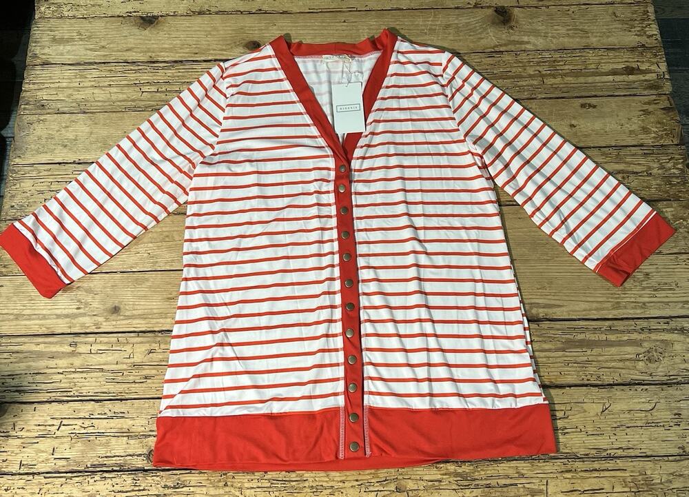 Ninexis Women’s Size 1X Red & White Striped Have You Heard Cardigan - NWT